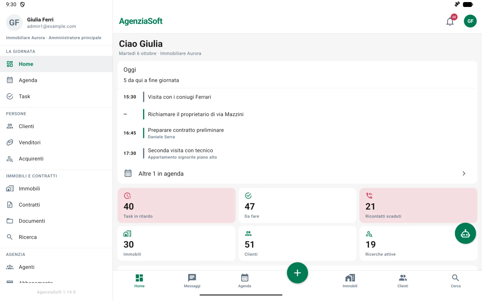 Il cruscotto dell'app AgenziaSoft su tablet, con il menu aperto di fianco